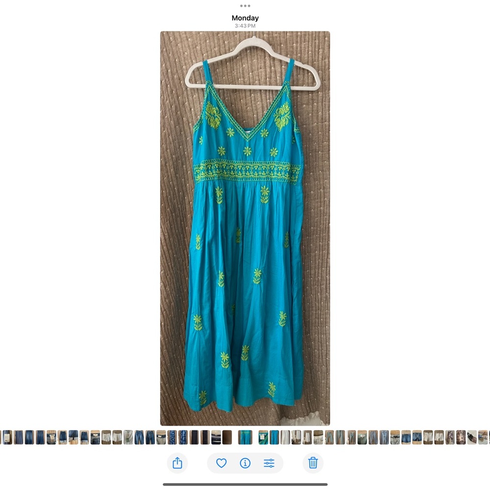 Gretchen Scott Blue Sundress with Green Embroidered accents.